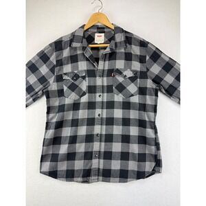 Levi's Plaid Button Down Shirt Mens Large Grey Black Flannel Long Sleeve